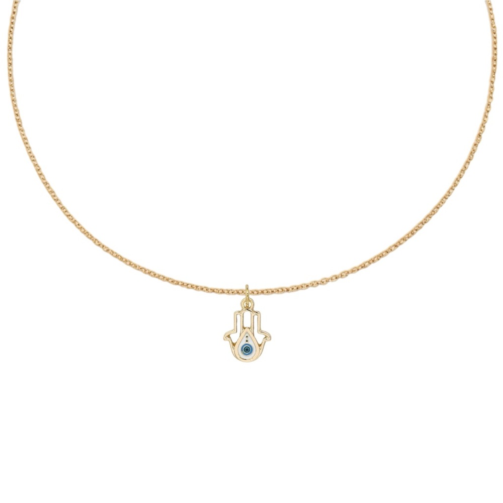 Gold Hamsa Necklace with Blue Evil Eye Pendant